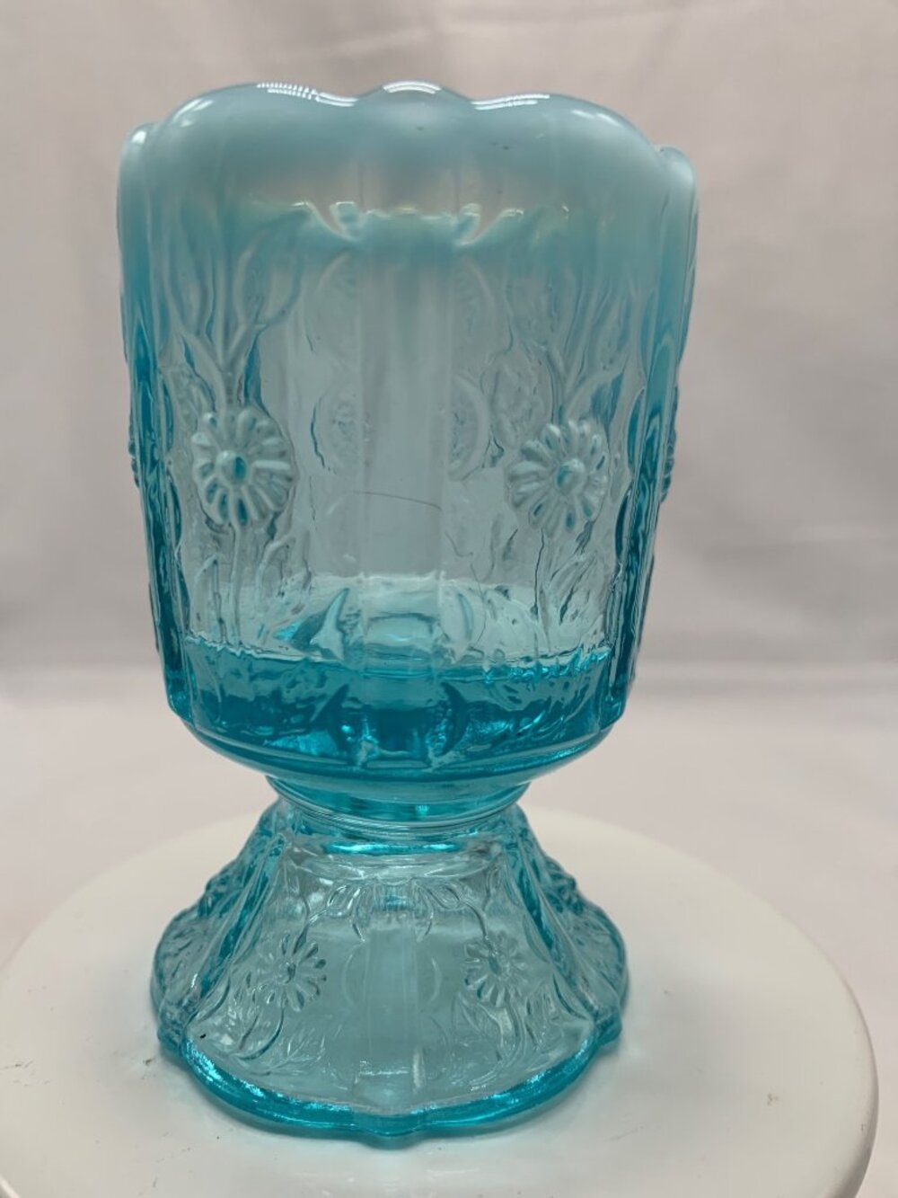 Vintage Blue Embossed Glass Pedestal Toothpick Holder Floral Pattern